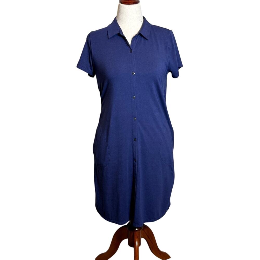 J. Jill dress Ink blue short sleeved knit open button neck layered back Sz S